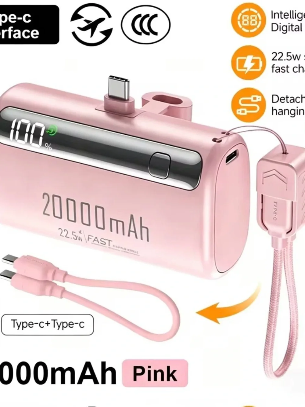 Purple 20000mAh Portable Power Bank with Type-C Fast Charging